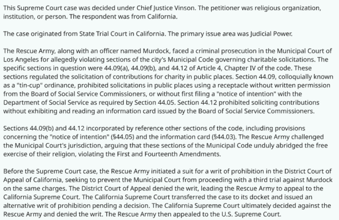 A generated case description for 331 U.S. 549, describing the Rescue Army's challenge to a Los Angeles solicitation ordinance without revealing the ruling.